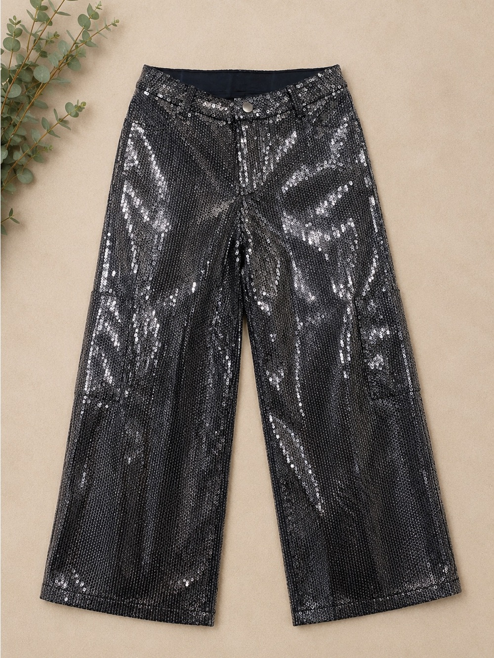 Weissman Black Sequin Wide Leg Cargo Dance Pants LC - Picture 1 of 4